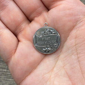 Vintage 925 Sterling Silver "First Communion" Chased Etched Round Bracelet Charm